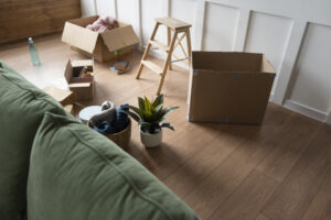 Salón con cajas de mudanza
